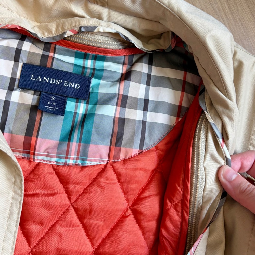 Lands End Small Womens Beige Trench Coat Removable Quilted Liner Plaid 6-8 - Picture 3 of 13